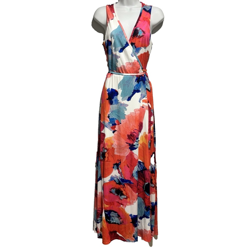 Trina Turk maxi Wrap Dress Floral Sleeveless Size 4 White Pink Orange Lined